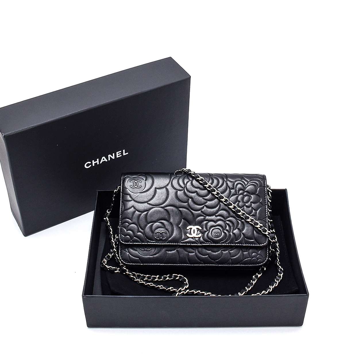 Chanel - Black Lambskin Leather Camellia Wallet on Chain Crossbody Bag